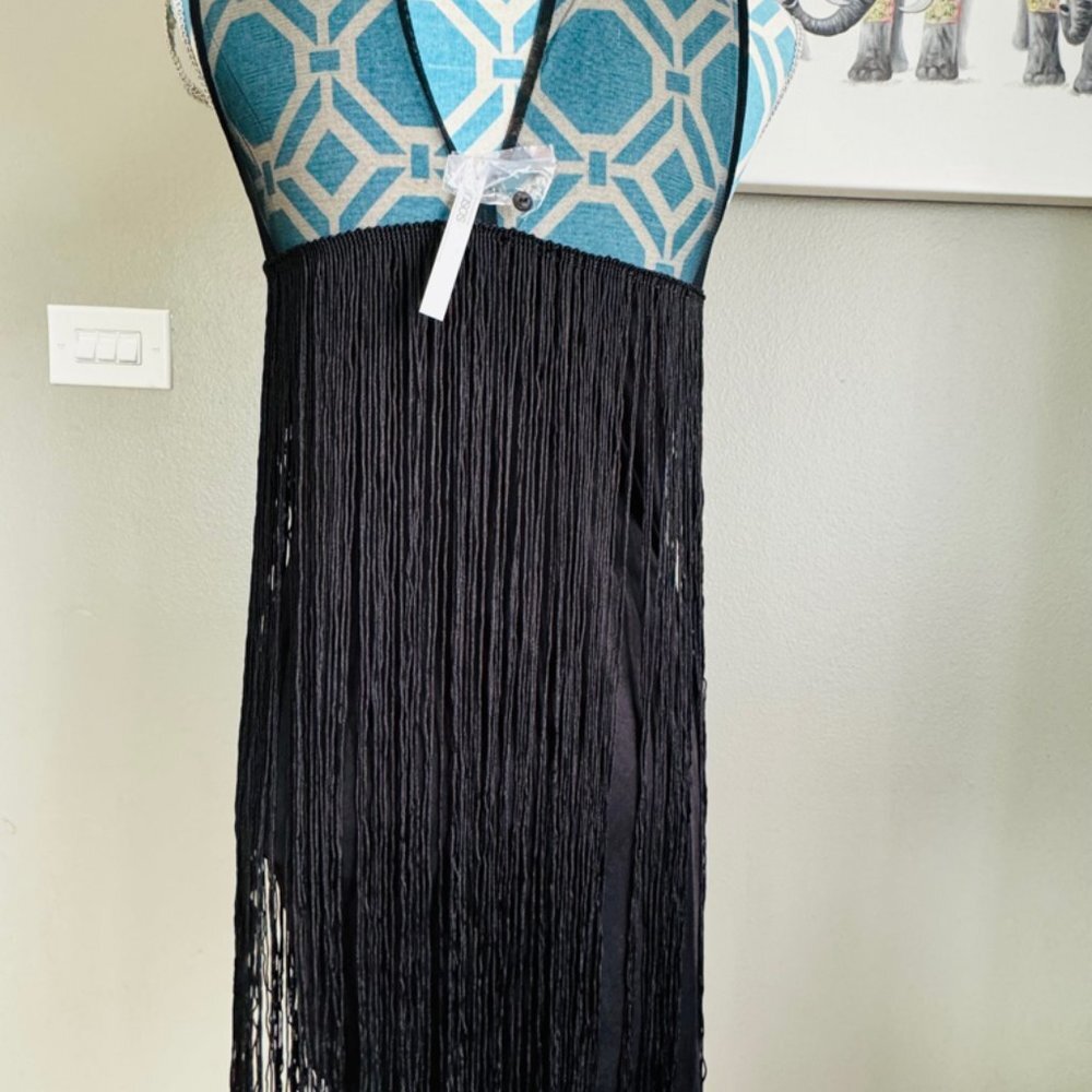 ASOS DESIGN fringe and mesh mini shift dress in black Size 4 - Picture 5 of 7